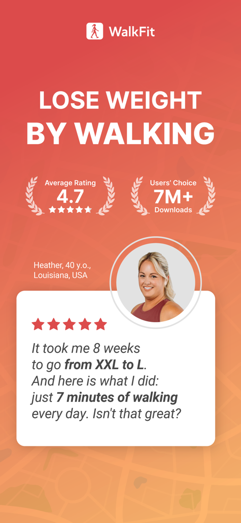 Walking Weight Loss | WalkFit - Imagem promocional do aplicativo WalkFit com uma história de sucesso de um usuário sobre perda de peso através da caminhada.