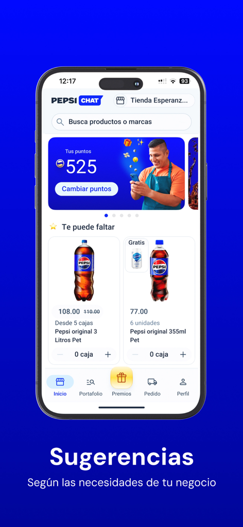 Pepsi Chat - Pepsi Chat app home screen displaying loyalty points and product suggestions for retailers