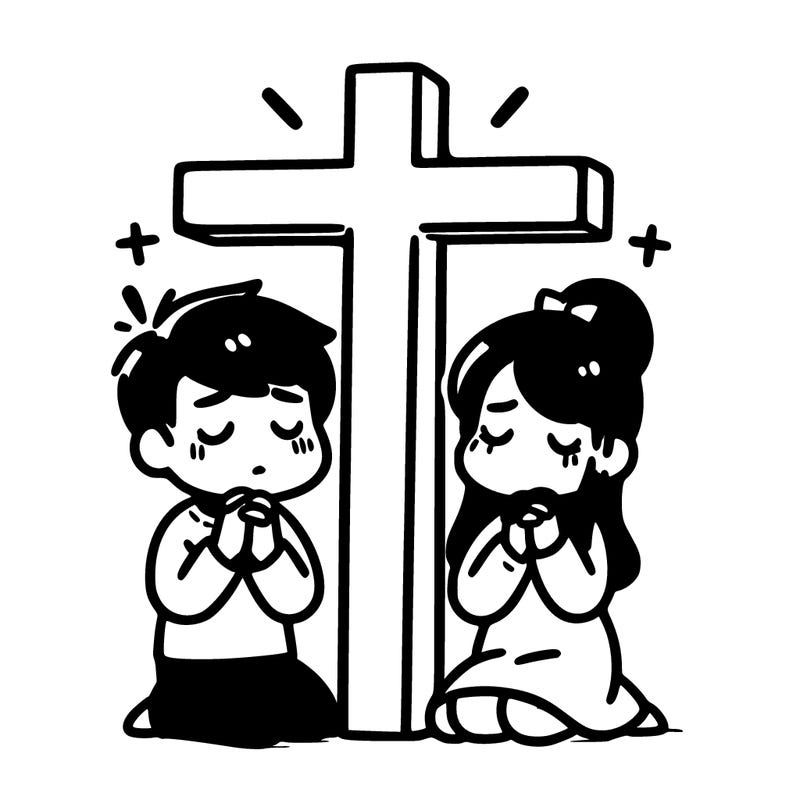 a man and a women praying to a cross