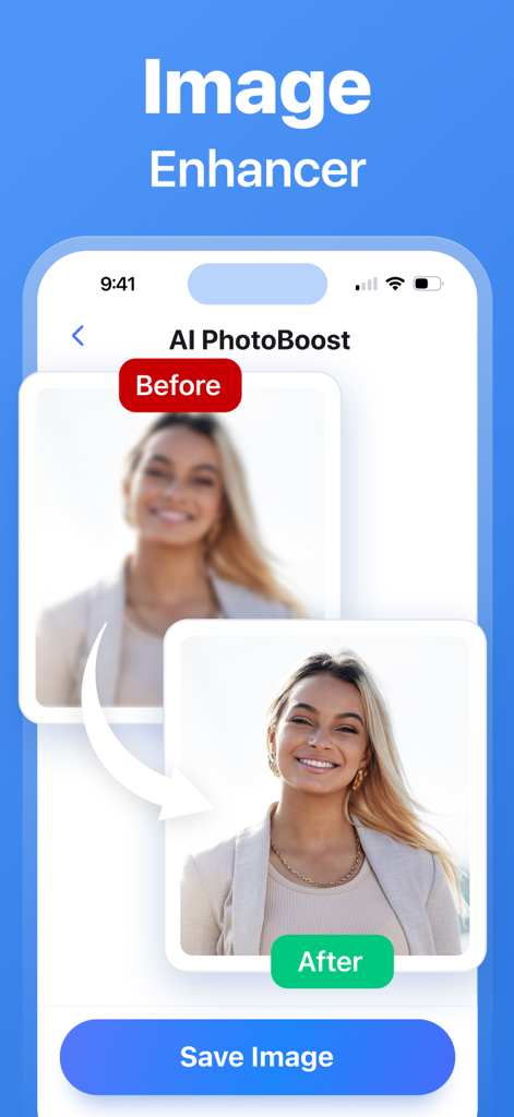 Cleanup Storage Pro - Comparación antes y después de un retrato borroso restaurado usando la función AI PhotoBoost en la aplicación Cleanup Storage Pro