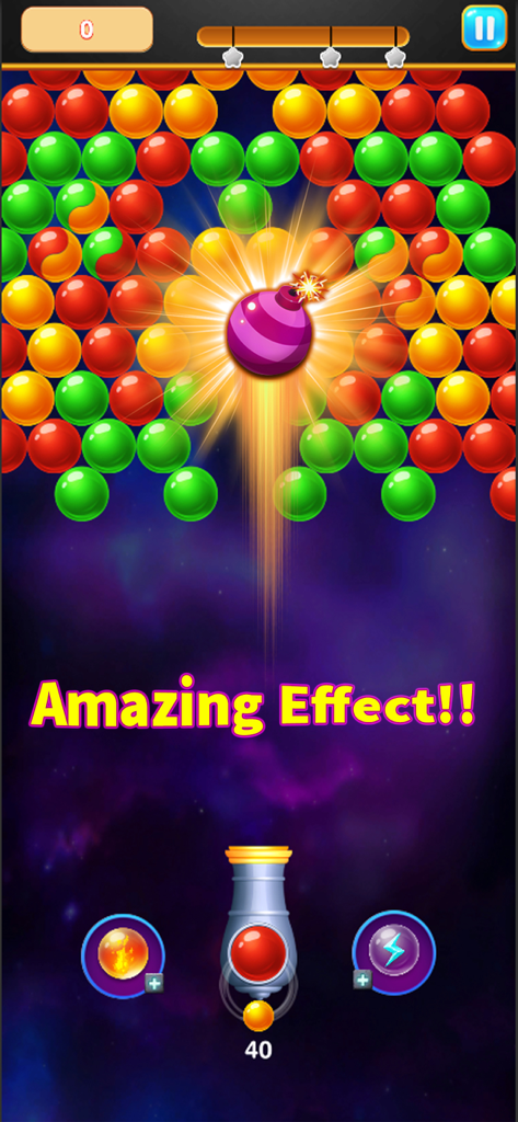 Bubble Shooter - Pop Legend - Una explosión de bomba limpiando burbujas de colores en el juego móvil Bubble Shooter Pop Legend con el texto Efecto Increíble