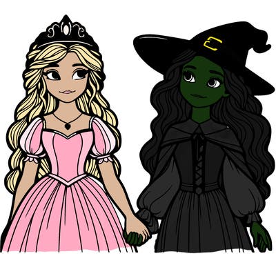 a princess and a witch holding hands realistic