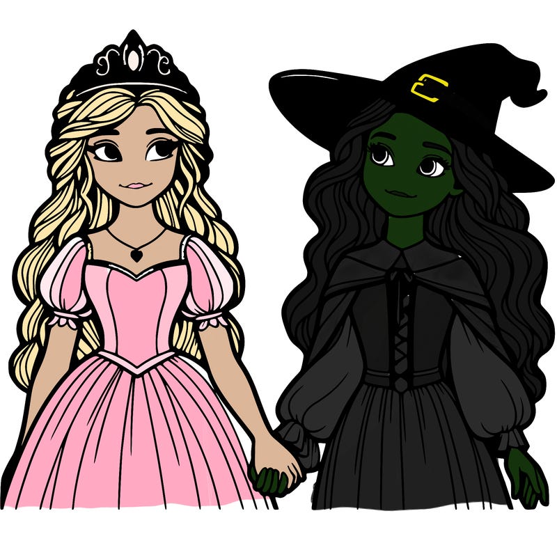 a princess and a witch holding hands realistic