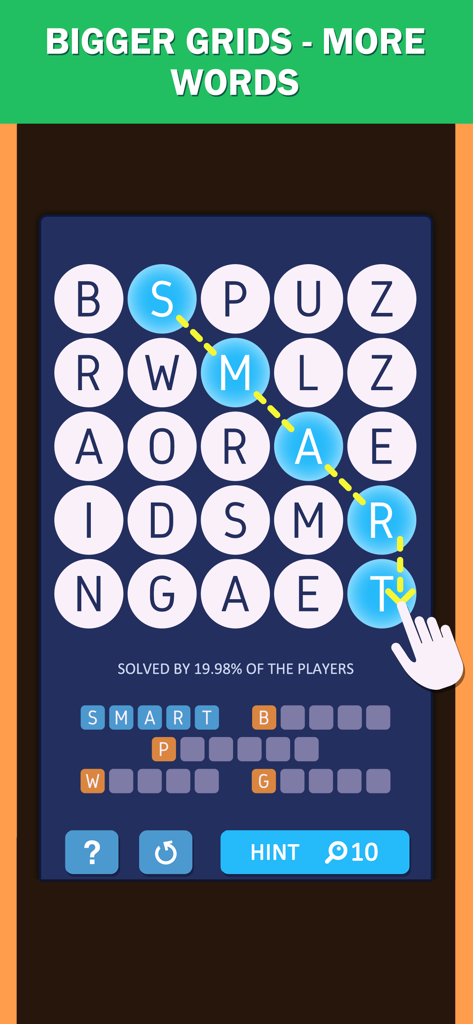 Screenshot of Word Spark game grid with the word SMART being selected