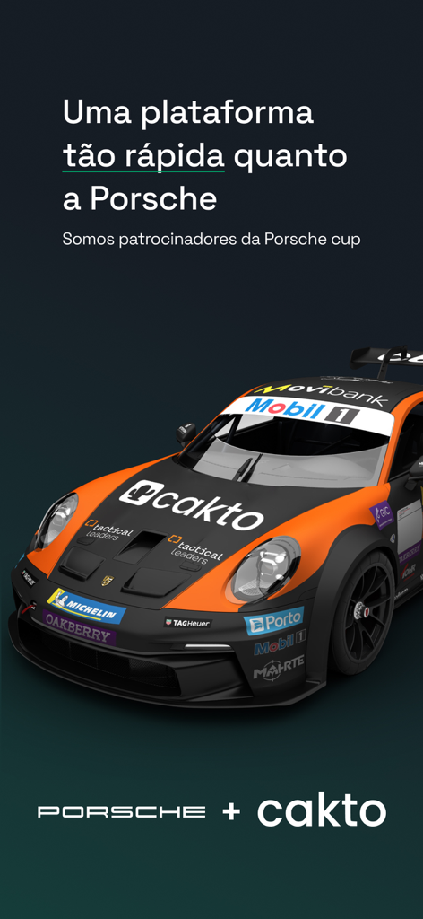 A professional Porsche racing car featuring the Cakto logo as part of a speed-focused marketing sponsorship.