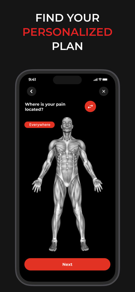 Prehab: Physical Therapy, Pain - Interface do aplicativo Prehab mostrando um modelo anatômico 3D para identificar locais de dor e encontrar um plano de fisioterapia personalizado.