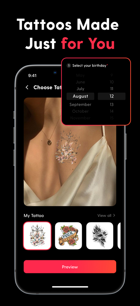 AI Tattoo - Ink Tattoo Creator - InkGenie app interface for creating a custom tattoo based on a birth date selection