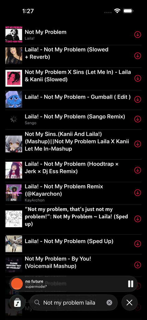Resultados de búsqueda en la aplicación Soundloader que muestran varias remezclas y versiones de canciones