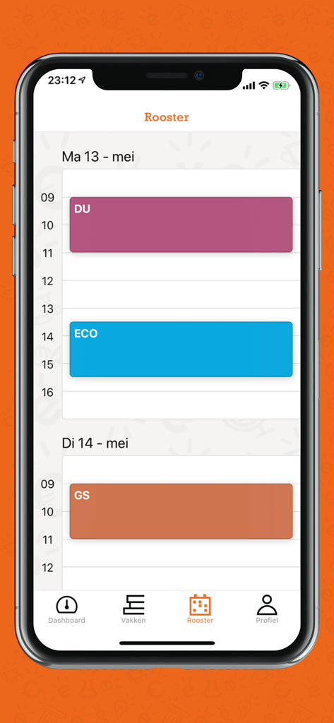 Examenoverzicht - A mobile interface of the Examenoverzicht app showing a color-coded daily exam schedule for different school subjects