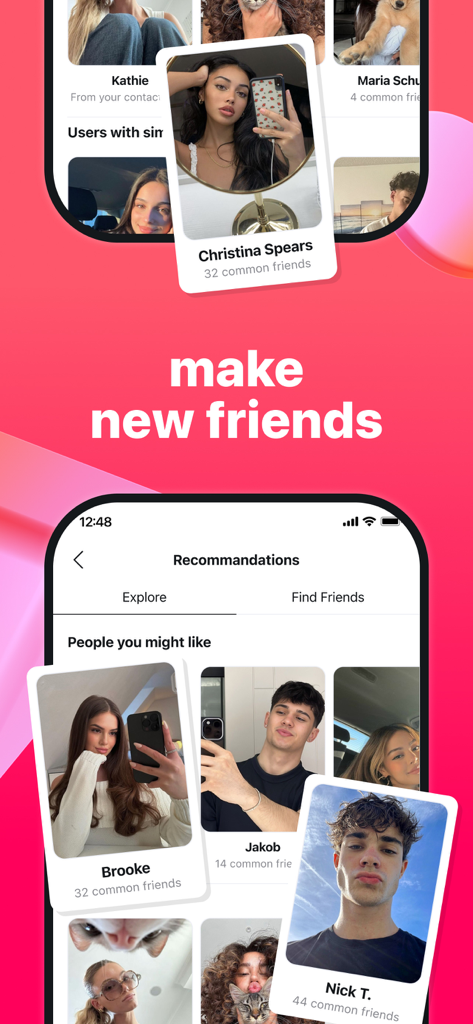 Screenshot of the Tellonym app interface showing user recommendations and profile cards to make new friends