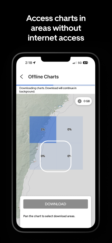 Interfaccia dell'app GPS marino Orca per selezionare e scaricare carte marine offline.
