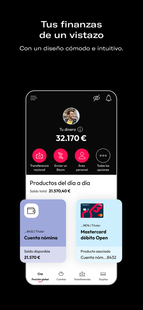 Interfaz de la app móvil de Openbank que muestra el saldo de la cuenta y botones de acceso rápido para transferencias y Bizum.