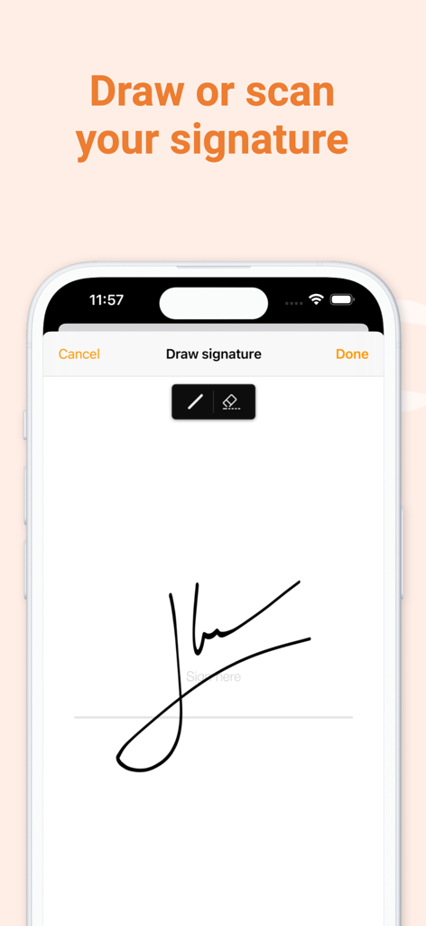 Capture d'écran de l'application mobile affichant l'interface de dessin de signature manuscrite