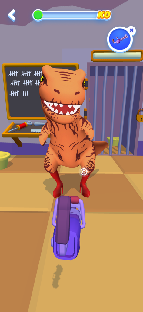 Kick Monster gameplay featuring a cartoon T-Rex wearing red high heels being targeted by a futuristic blaster weapon.