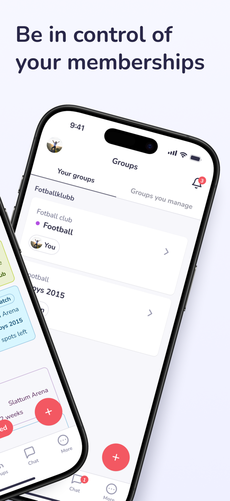 iPhone screen showing the Groups section of the Hoopit app with football club memberships