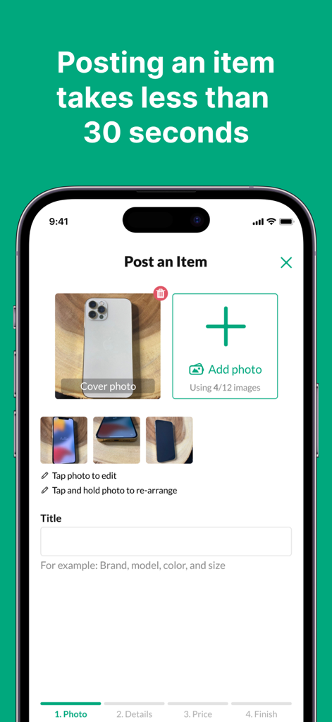 OfferUp - Buy. Sell. Simple. - Interface of the OfferUp app showing the first step of posting an item for sale