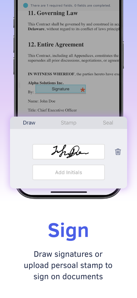 DottedSign - eSign & Fill Docs - DottedSignモバイルインターフェース。署名を描画してデジタルドキュメントに署名する機能が表示されている様子。
