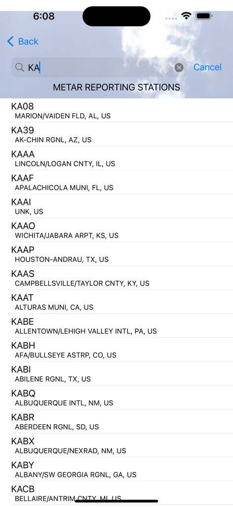 Aviator's Instant Weather - Search results list showing METAR reporting stations and airport identifiers