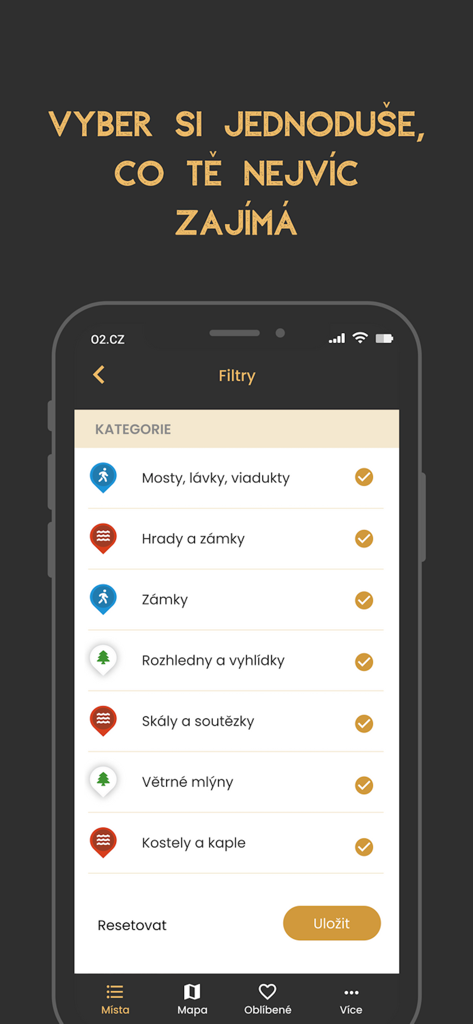 Mobile app interface showing travel destination category filters for castles lookouts and windmills