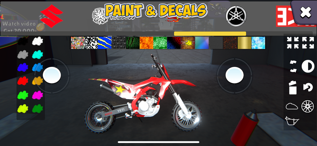 Wheelie King 7 - Bike Wheeling - Una pantalla de personalización de motos de cross en Wheelie King 7 mostrando opciones de pintura y calcomanías