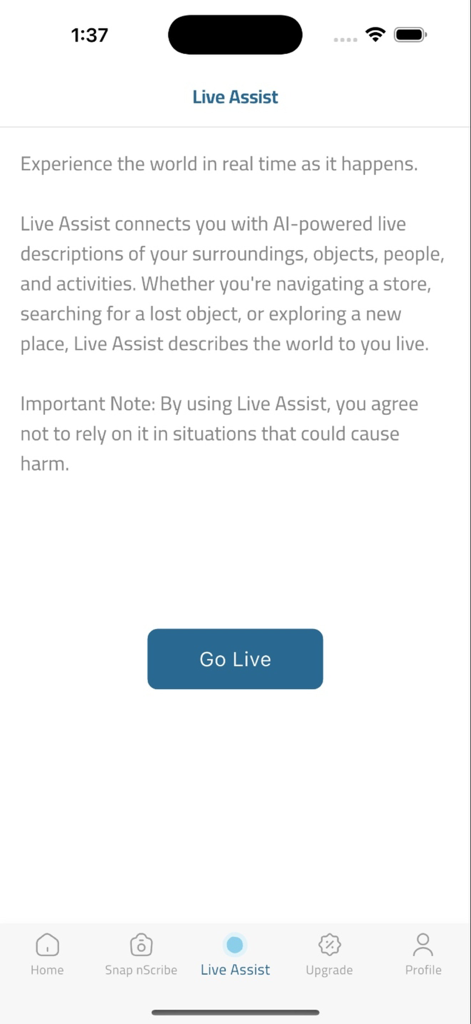ScribeMe - ScribeMe app Live Assist feature for real-time AI visual descriptions