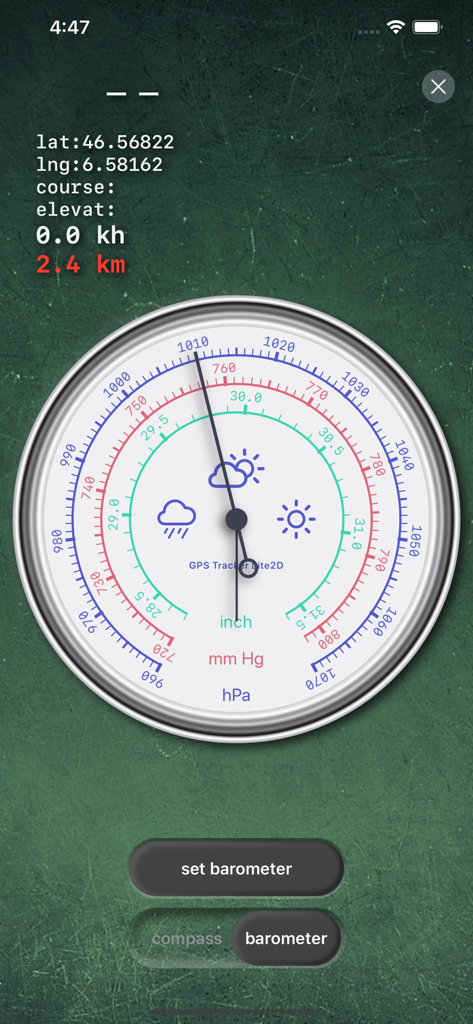 GPS Tracker: Offline Maps, GPX - GPS Tracker app interface showing a detailed barometer with hPa, mmHg, and inch scales.