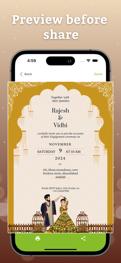Invitation Card Pdf Maker - A preview screen of an elegant engagement ceremony invitation card within the app