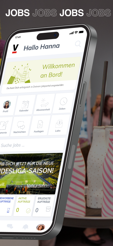 SPORTFIVE Eventjobs - Dashboard of the SPORTFIVE Eventjobs app showing job search and worker management modules