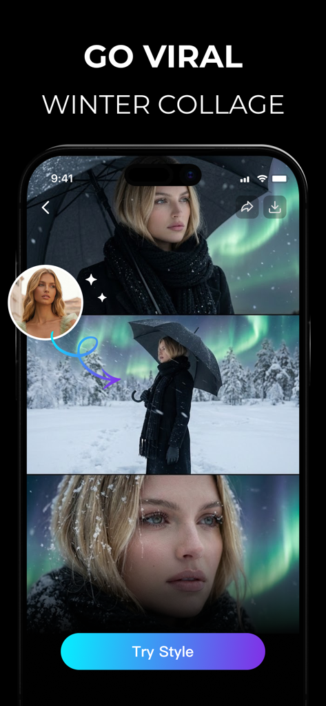 Movia AI: Photo to Video Maker - Interfaz de la app Movia AI que muestra un estilo de collage de invierno para animar fotos
