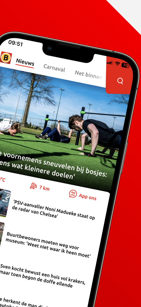 Omroep Brabant - Omroep Brabantニュースアプリのインターフェース。ローカルニュースの見出しと地域カテゴリが表示されています。