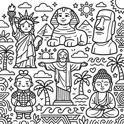 Embark on an exciting global journey with this delightful cultural icon statues coloring page, perfect for young artists. Discover and color famous landmarks and figures from around the world in a fun, kid-friendly style.