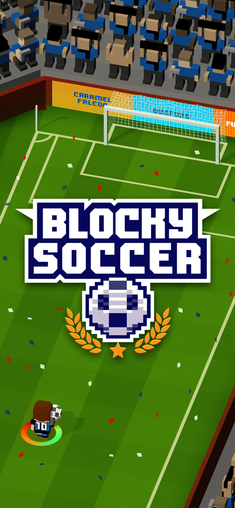 Blocky Soccer - Blocky Soccer game title screen with a voxel soccer player and stadium fans