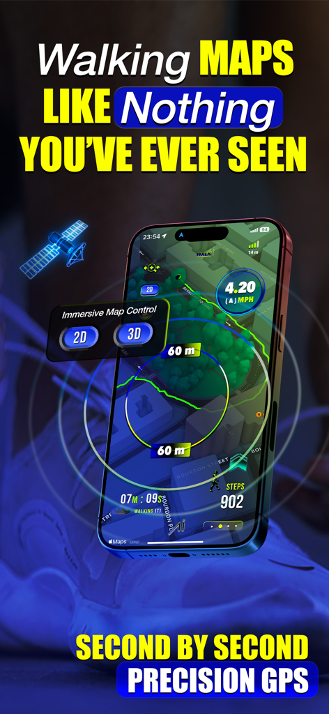 Walk Ailly - 3D 걷기 지도와 정밀 GPS 추적 기능을 갖춘 Walk Ailly 앱 스크린샷.