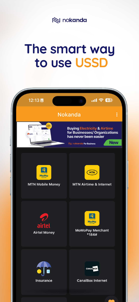 Nokanda app interface on a smartphone showing Rwandan mobile money and utility payment options
