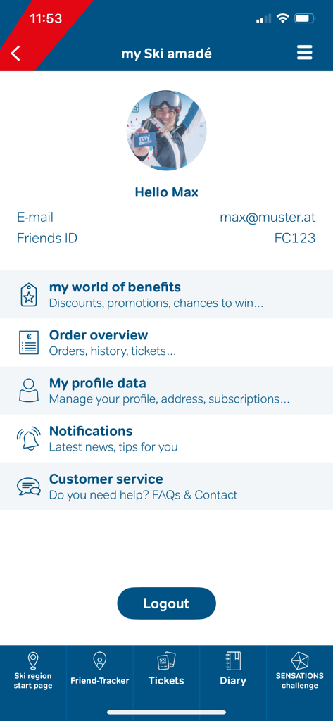 Página de perfil de utilizador e definições de conta na app móvel Ski amade