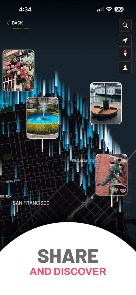 Scaniverse - 3D Scanner - Interfaz del mapa de la aplicación Scaniverse mostrando escaneos 3D compartidos en San Francisco con el texto compartir y descubrir.