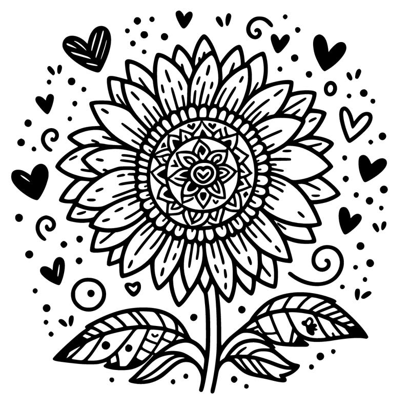 a beautiful detailed sunflower with patterns on, and hearts around it