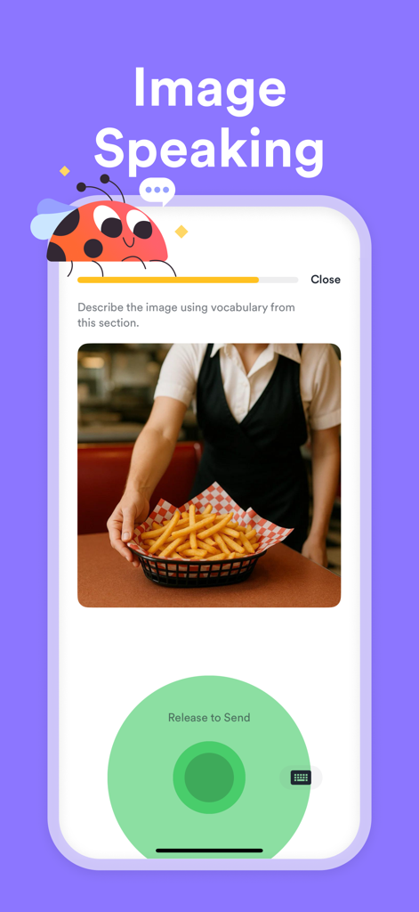 EF Hello app screenshot showing an image speaking exercise where the user describes a photo of a server with french fries to practice English vocabulary.