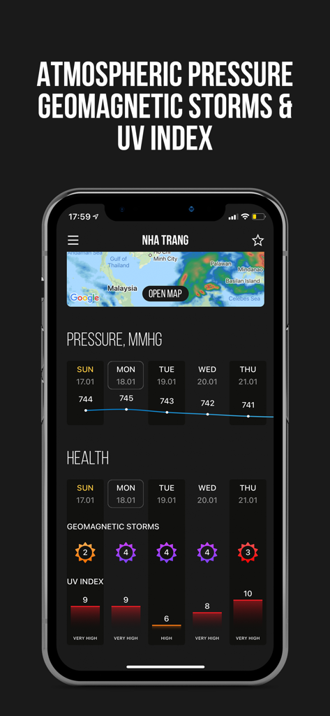 MeMeteo app interface displaying atmospheric pressure charts geomagnetic storm data and UV index levels for health planning