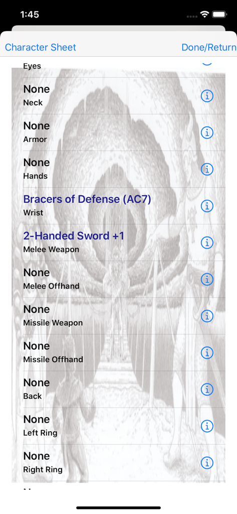 Character Gen for 1st Ed DnD - Equipment list screen in the 1st Edition D&D character generator showing equipped items and magic gear.