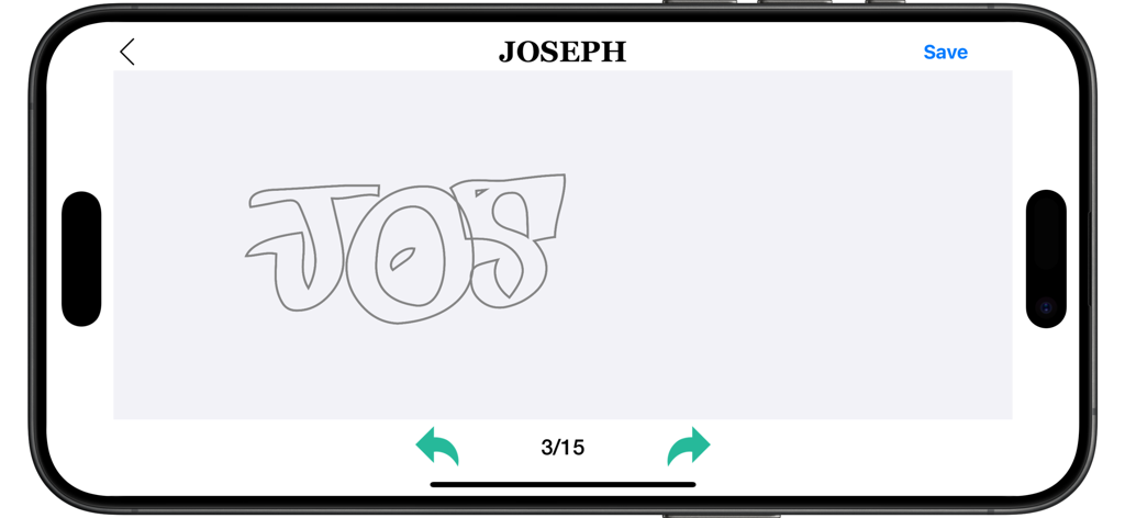 Graffiti Creator - AI Design - Mobile app interface displaying a step-by-step graffiti tag tutorial for the name Joseph