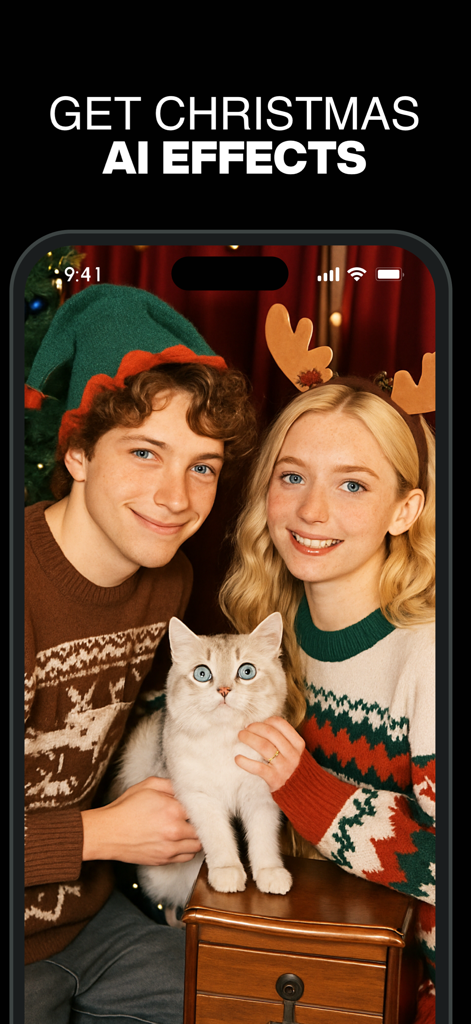 A young couple and a cat with AI generated Christmas accessories