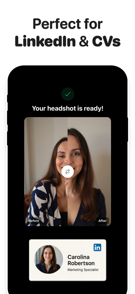 AI Headshot Generator: Facely - Before and after comparison of a professional AI headshot for LinkedIn