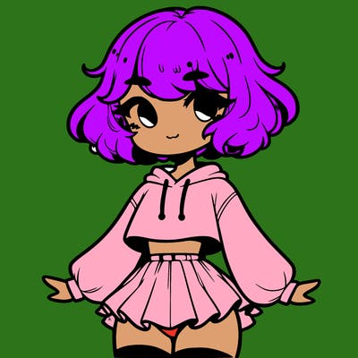 cute femboy with short, fluffy hair that softly frames their face, wearing a cropped hoodie, paired with a flouncy short skirt, and thigh-high stockings