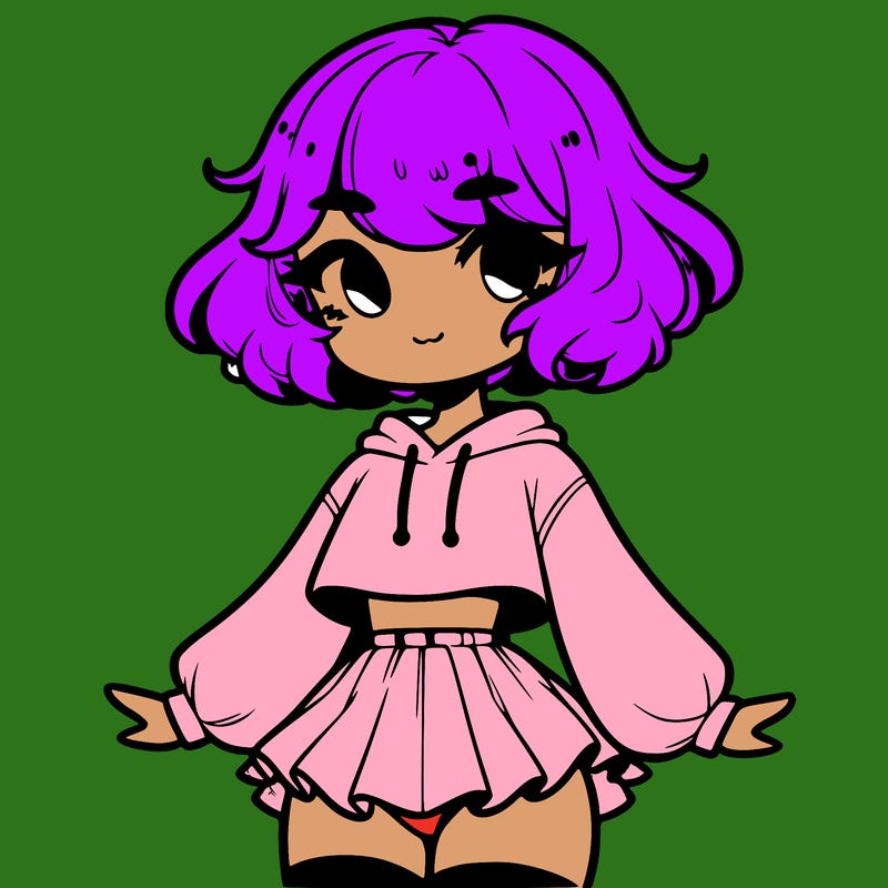 cute femboy with short, fluffy hair that softly frames their face, wearing a cropped hoodie, paired with a flouncy short skirt, and thigh-high stockings