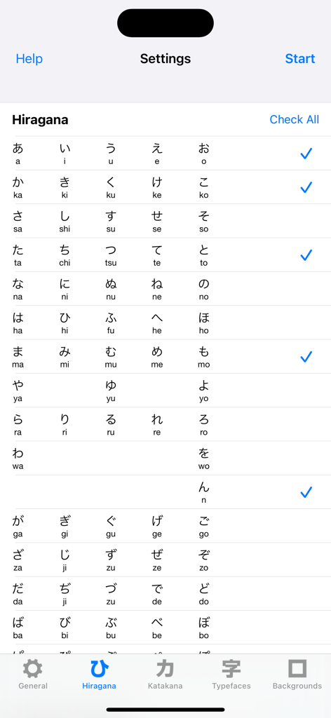 Real Kana - A screenshot of the Real Kana app showing the Hiragana selection screen in settings where users can choose which characters to practice.