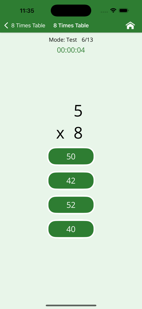 Multiplication Tables. - Ein Screenshot eines Einmaleins-Tests für die 8er-Reihe, der die Aufgabe 5 mal 8 mit Multiple-Choice-Optionen in einem grünen Thema zeigt.