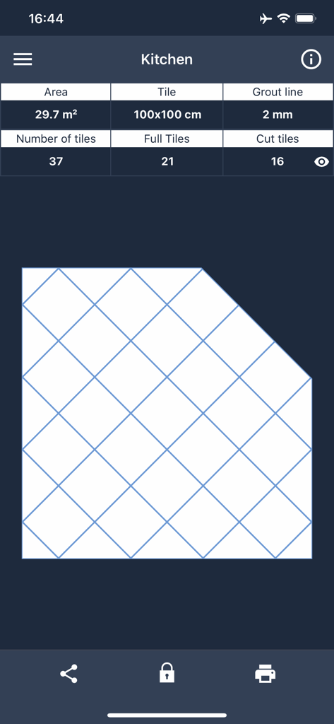 Floor Covering app showing a diagonal tile layout for a kitchen with tile quantity calculations.