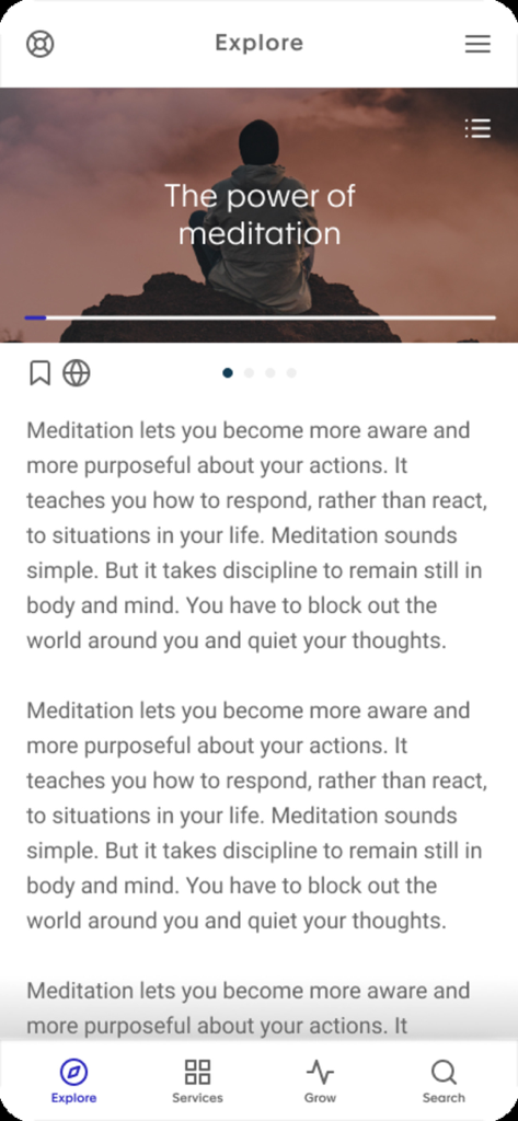 Lyra Wellbeing Hub - Screenshot of the Lyra Wellbeing Hub app featuring an article titled The power of meditation with a person meditating at sunset