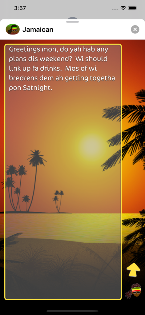 Speakin Jamaican - Interface of the Speakin Jamaican app showing a translated text message over a tropical beach sunset background.